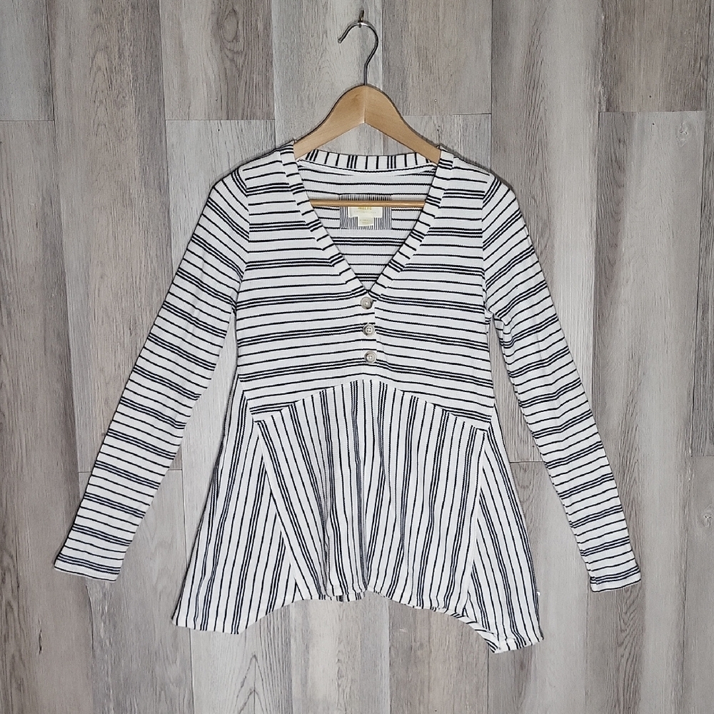 Maeve Anthropologie Womens XS Navy Striped Blouse Sharkbite Hem Stretch Oversize